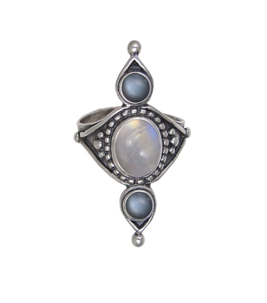 Sterling Silver Royal Ring With Rainbow Moonstone And Grey Moonstone Size 10